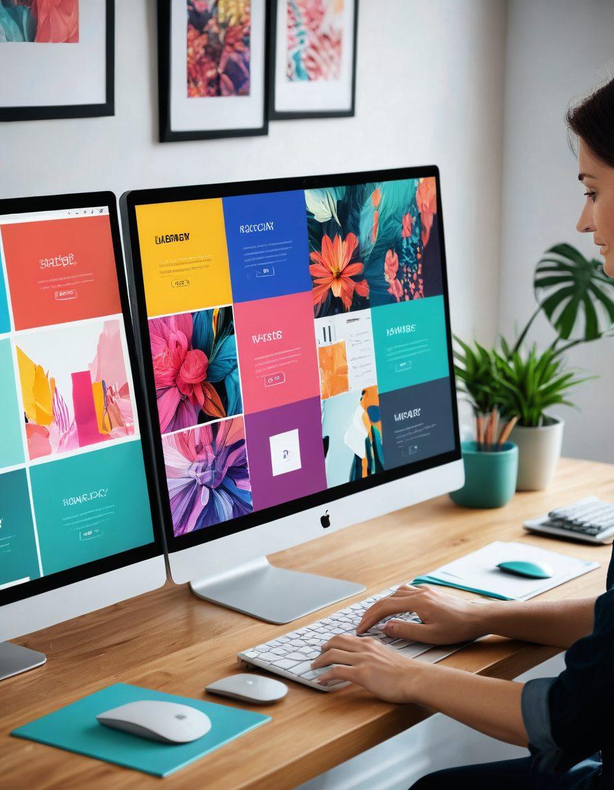 A sleek digital workspace with a designer crafting eye-catching web thumbnails on a high-resolution monitor. Surround the scene with vibrant color palettes, neatly organized editing tools, and a variety of stylish thumbnail samples scattered around. Emphasize a sense of creativity, precision, and personalization. modern, vibrant colors, vector art.