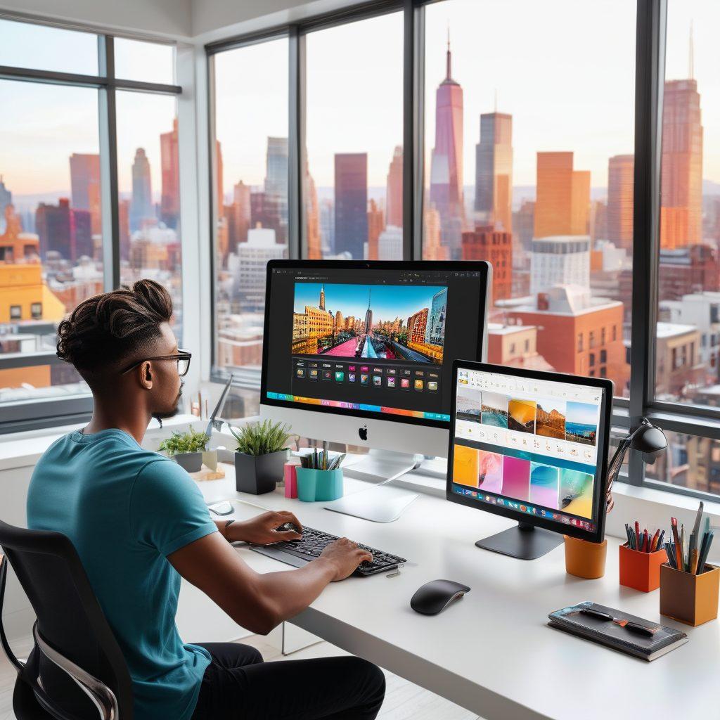 A sleek computer screen showing a vibrant, intuitive thumbnail creation interface with a variety of stylish, eye-catching thumbnail templates. There are tools and options for customization on the side panels. A professional content creator sits at a stylish desk, concentrated on the screen, with a bustling modern cityscape visible through the window behind. super-realistic, vibrant colors, white background.