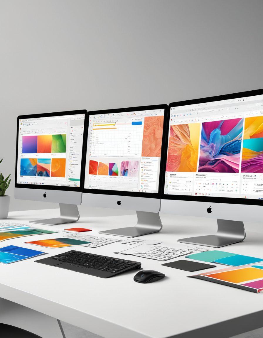 An engaging scene illustrating a digital workspace filled with advanced thumbnail creation tools on various screens, showcasing vibrant and diverse thumbnail designs. Highlight a central laptop with a focus on intuitive design elements like drag-and-drop, color palettes, and editing options. Include abstract representations of creativity and technology blended seamlessly. Super-realistic. vibrant colors. white background.